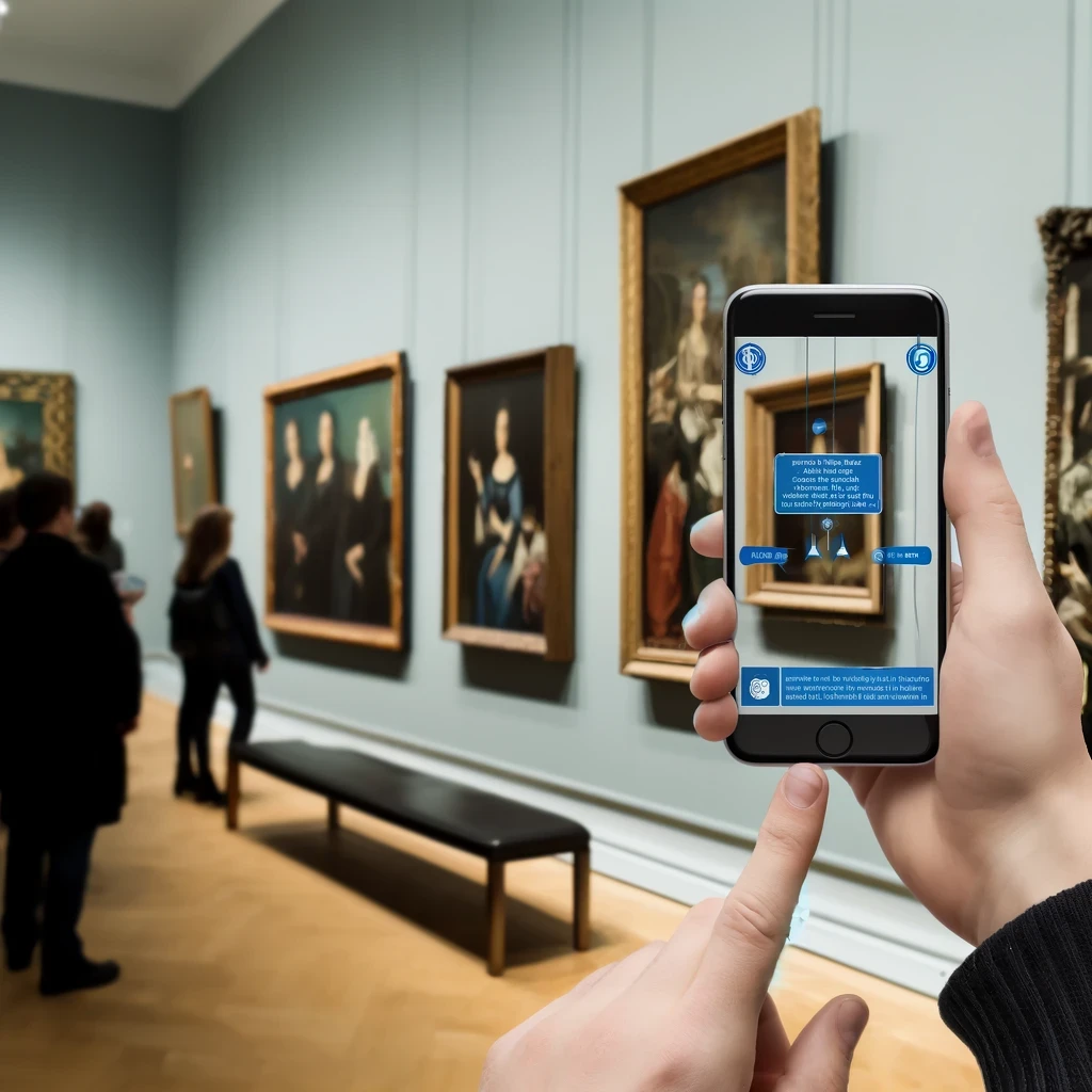 an art gallery viewed through a phone screen with extra content on the phone screen