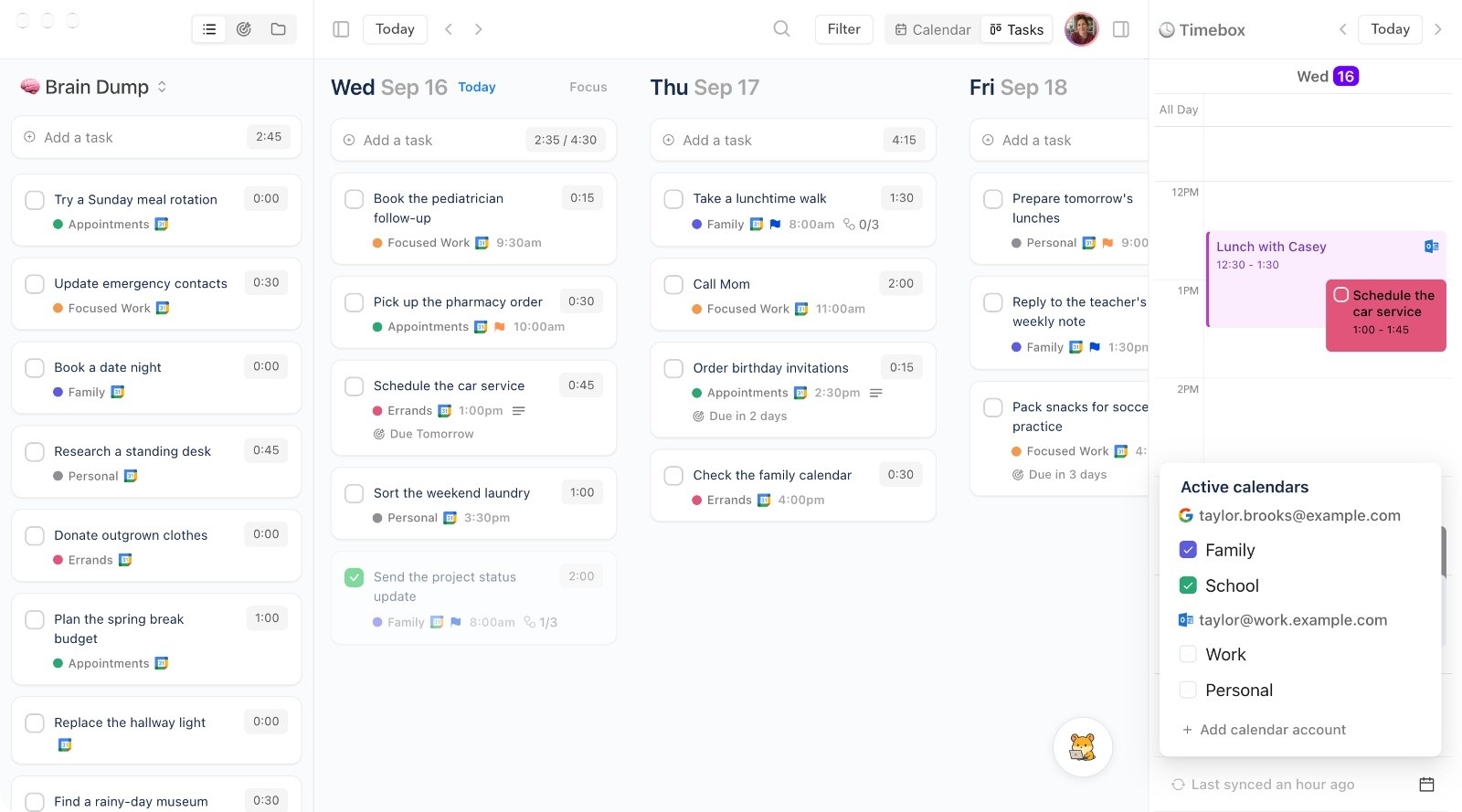 A raw capture of the Ellie for Mac window showing the Brain Dump, three days of tasks, the Timebox and an Active calendars popover