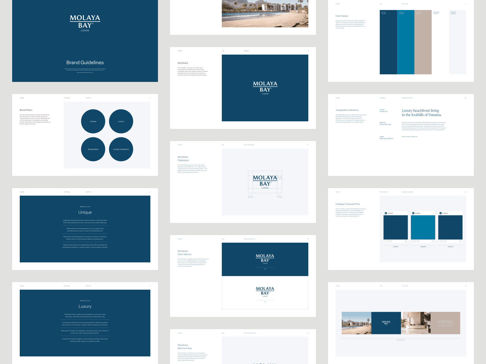Overview of Molaya Bay brand guidelines including brand pillars, logo, color palette, and typography.