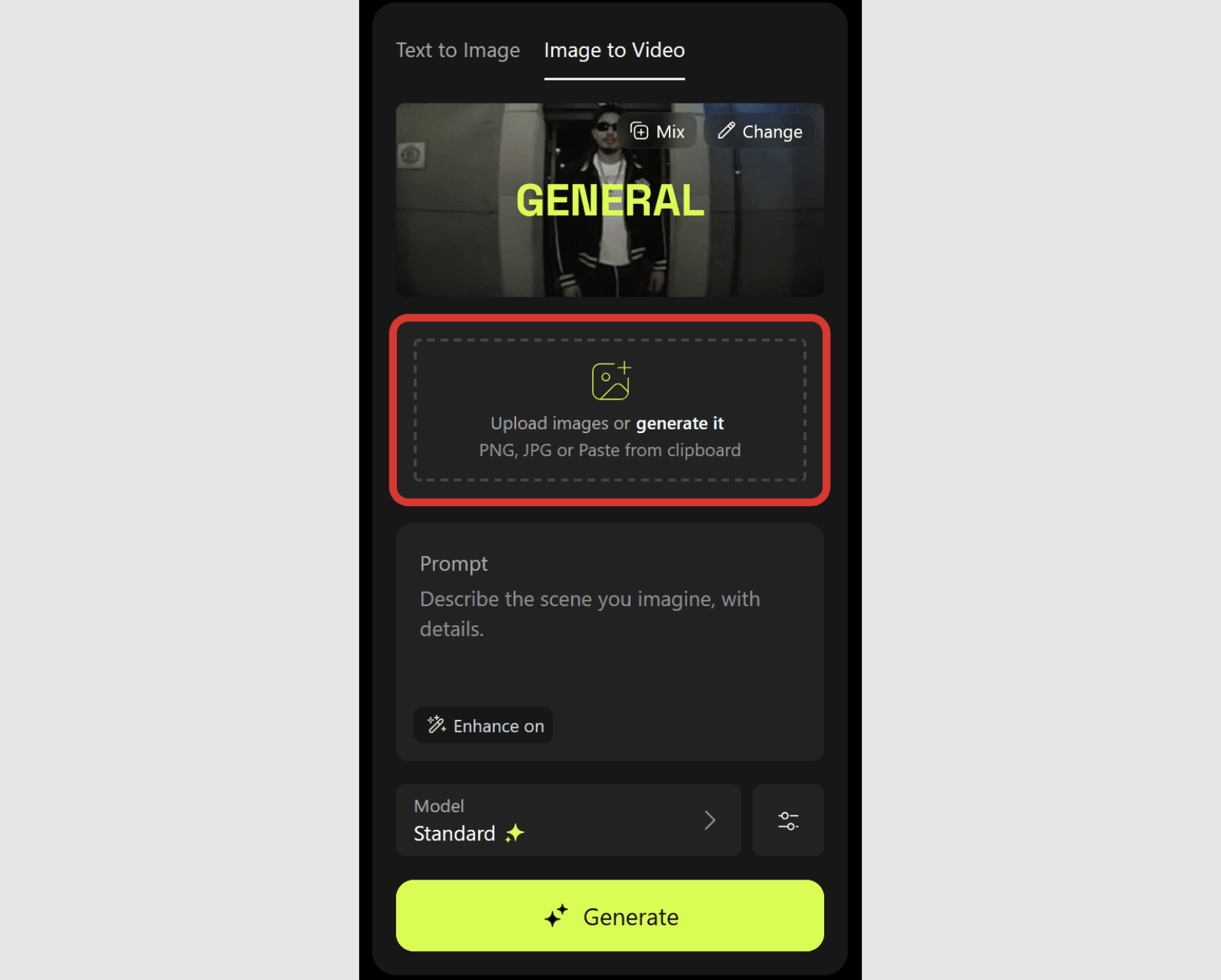 Earlier Higgsfield image-to-video interface with the reference image upload area highlighted.