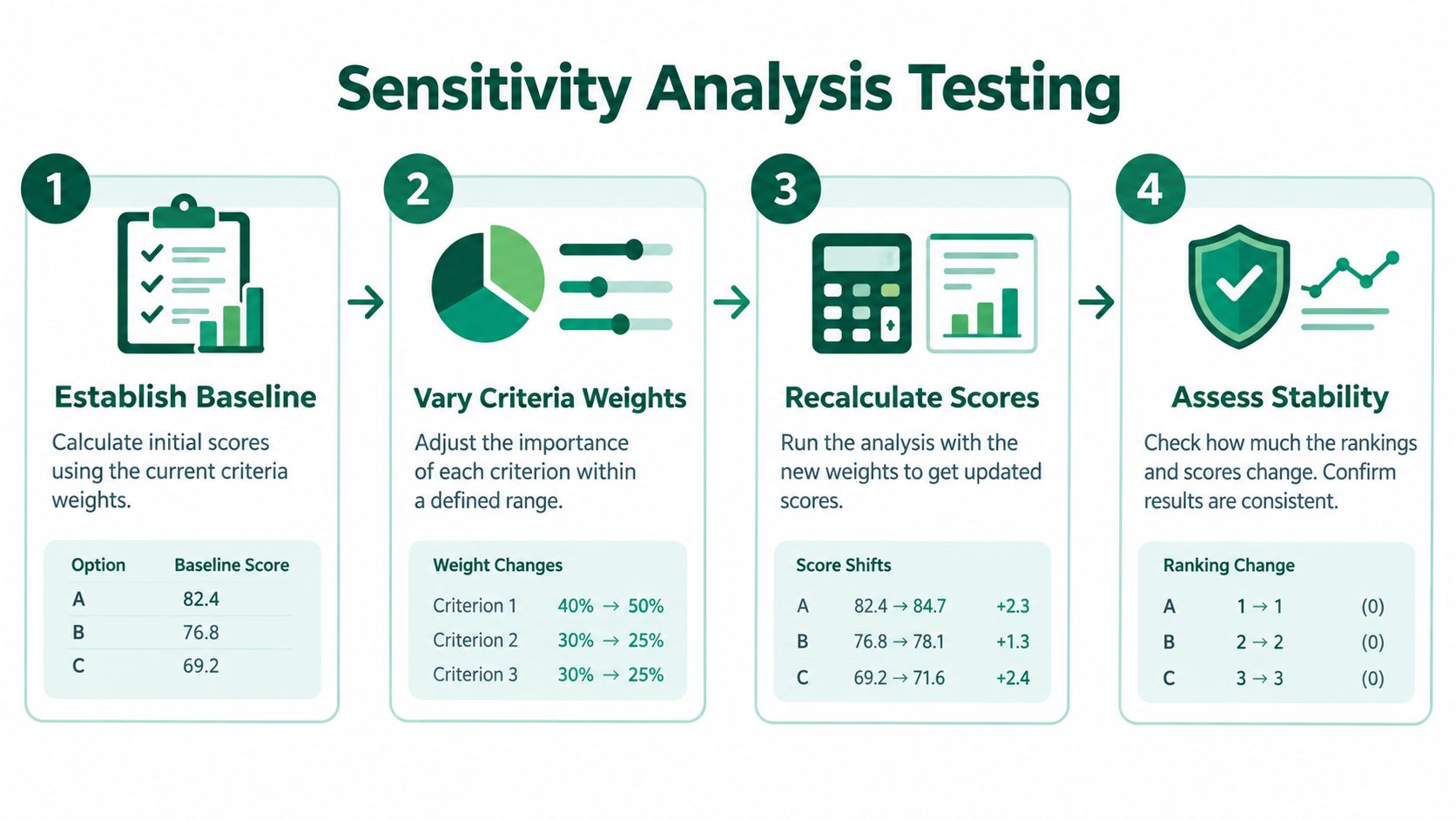 A four-step diagram illustrating the process of conducting a sensitivity analysis for a weighted scoring model.