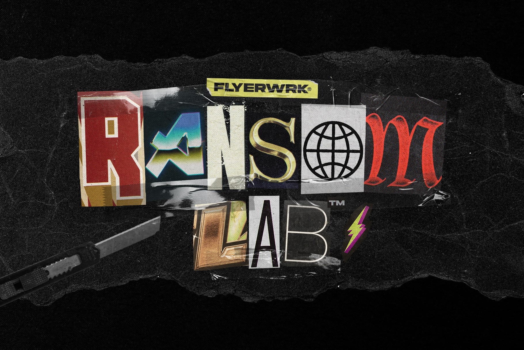 RansomLab digital collage tool featuring various vintage magazine cut out letters and mixed media elements