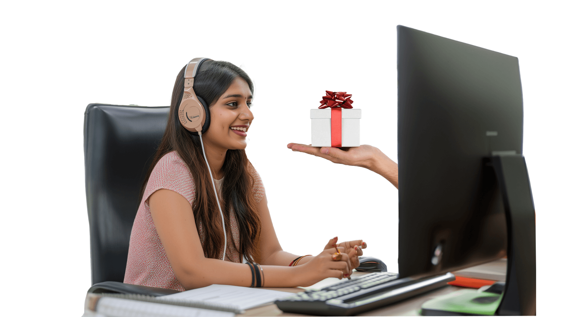Customer support agent receiving surprise reward while working at desk