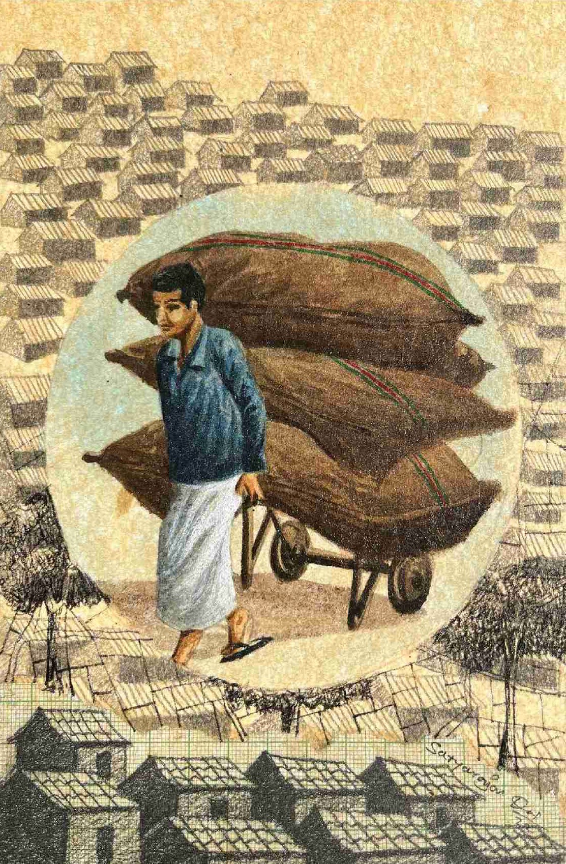 herd of sheep on road painting