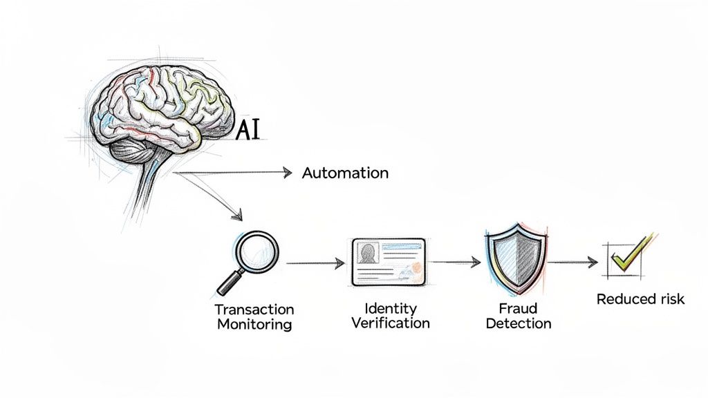 AI-powered process flow for automation, transaction monitoring, identity verification, fraud detection, and reduced risk.