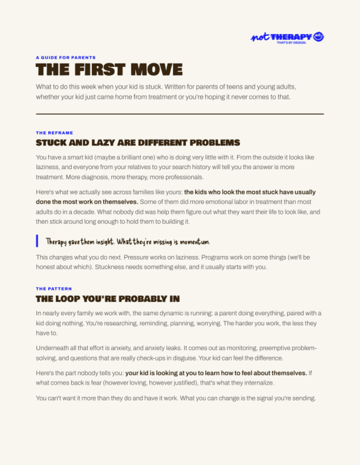 The First Move, Not Therapy’s free two-page guide for parents of stuck young adults