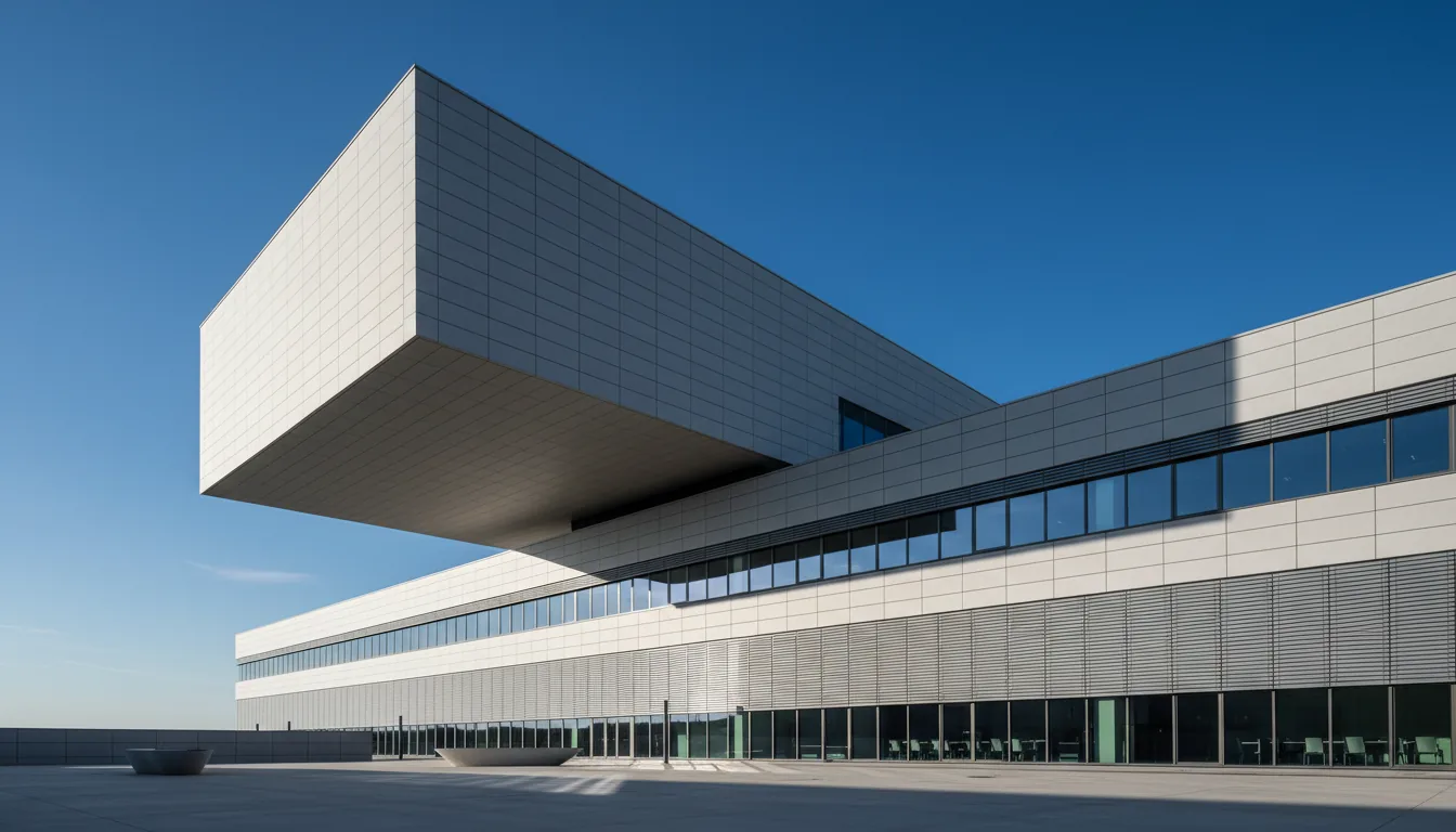 Wide-angle, low-angle DSLR photograph of a modern, minimalist office building with a dramatic cantilevered top floor, captured in the style of an architectural render from Rhino or Twinmotion. The facade is clad in light grey, matte rectangular tiles. The building features large, dark-framed ribbon windows reflecting a clear sky, with some windows partially covered by external horizontal blinds. The scene is illuminated by bright, direct natural daylight, creating sharp, crisp shadows against a cloudless, deep blue sky, with sharp focus throughout.