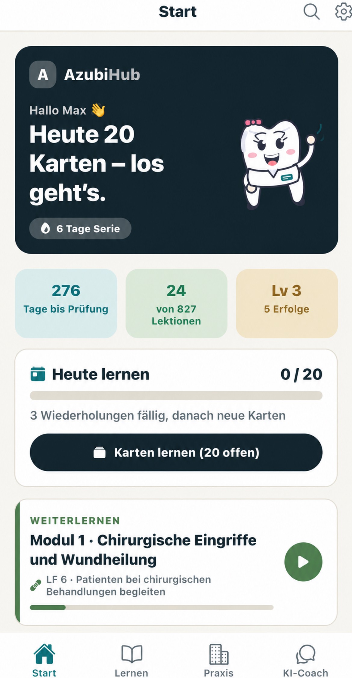 AzubiHub Startansicht mit Tagesplan im iPhone-Rahmen