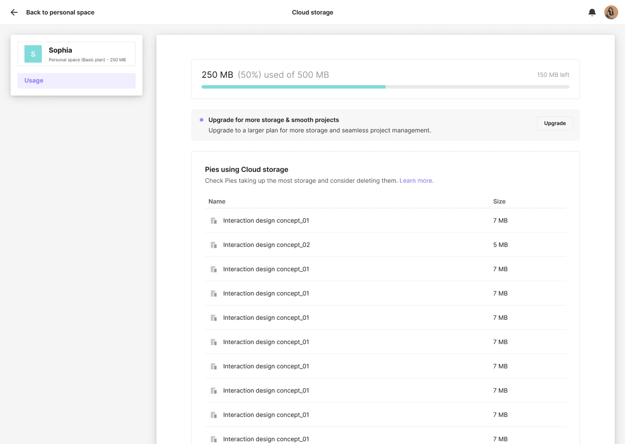 With the Basic plan, you can store up to 500 MB of Pie files. 