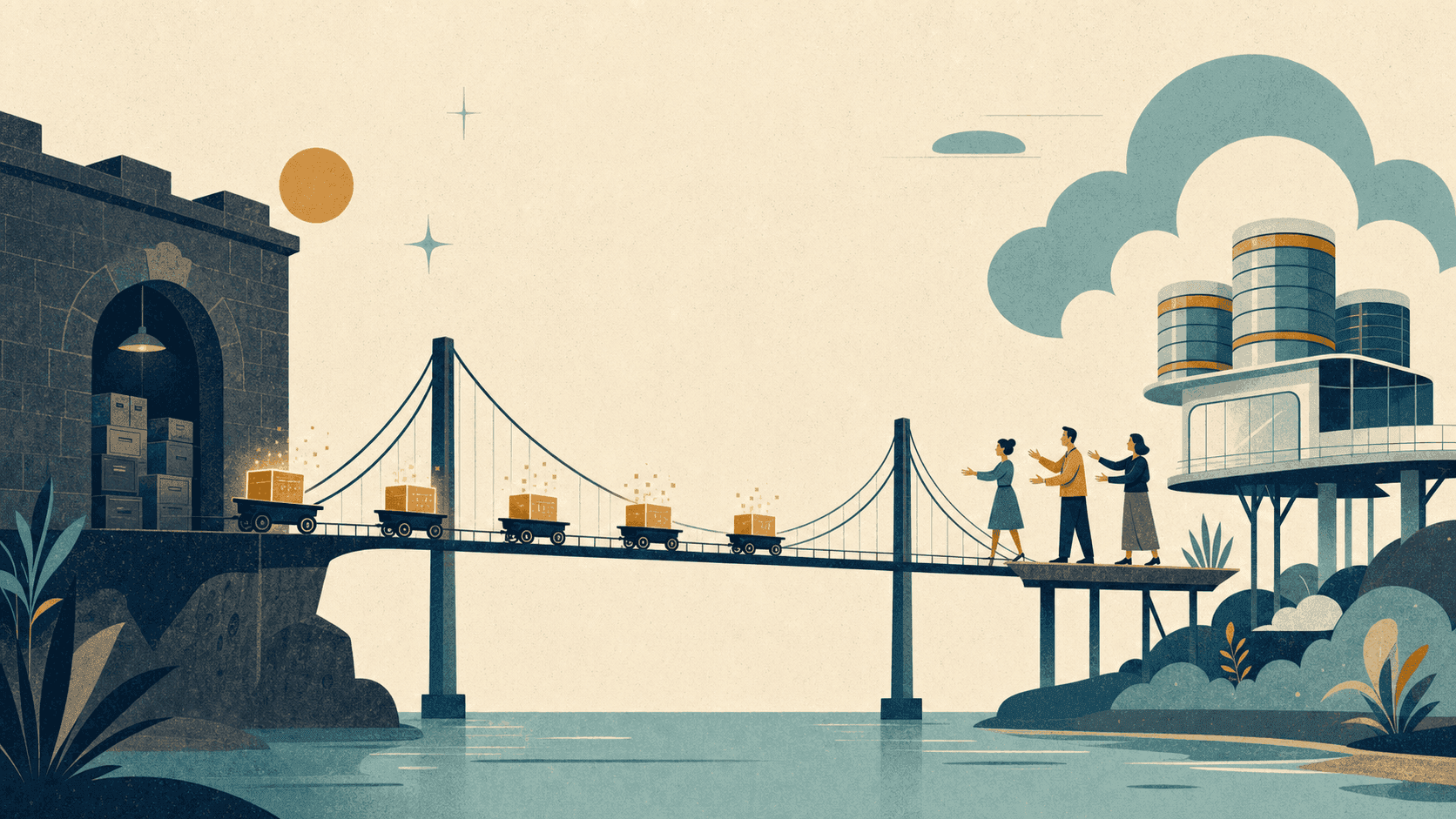 Illustration einer Brücke zwischen Legacy-Datensystemen und einer modernen Cloud-Datenplattform