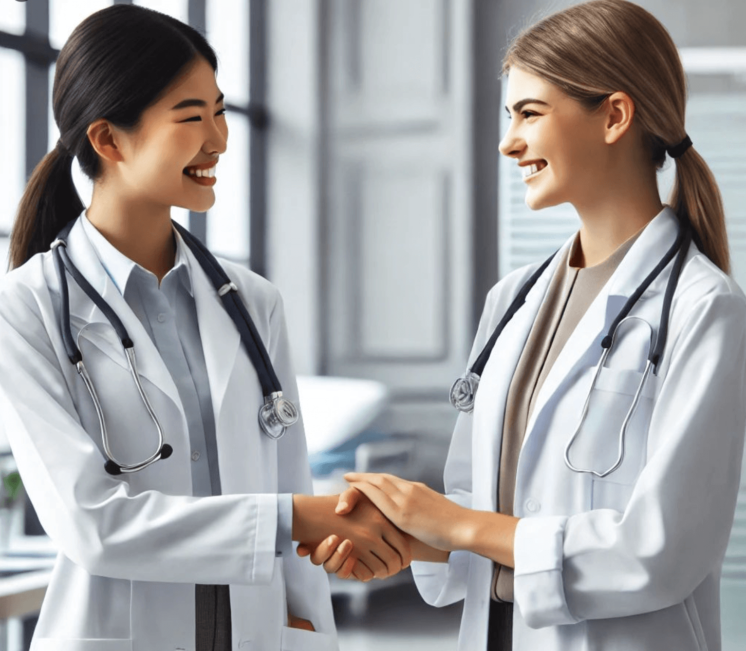 Two female doctors shaking hands