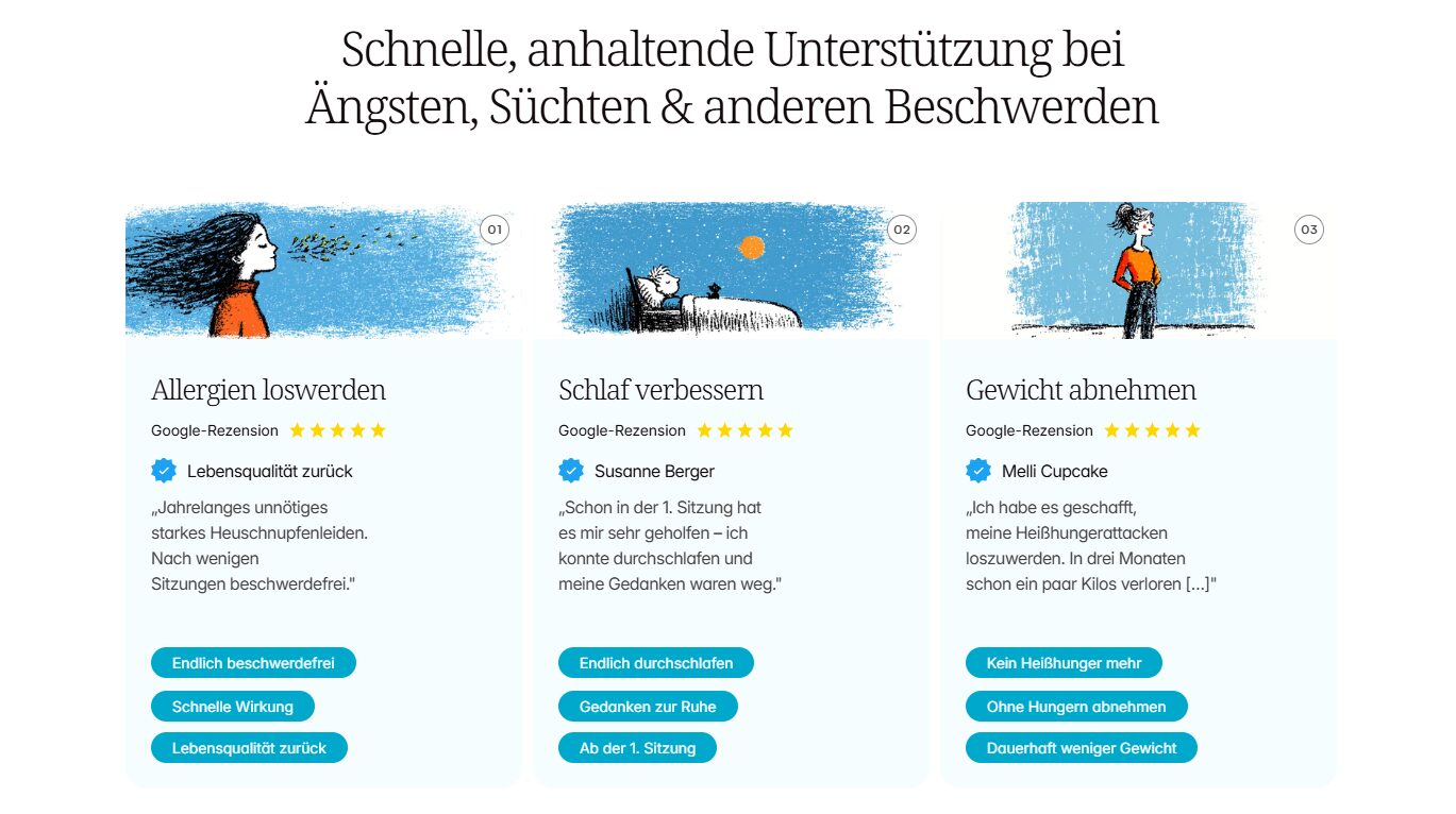 Screenshot: Sektion mit Leistungen und Testimonials auf der Website von Susanne – drei Karten (Allergien loswerden, Schlaf verbessern, Gewicht abnehmen), jeweils mit passender Google-Rezension