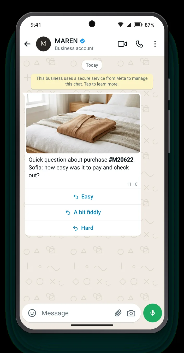 Was paying easy?: WhatsApp feedback message on an Android phone