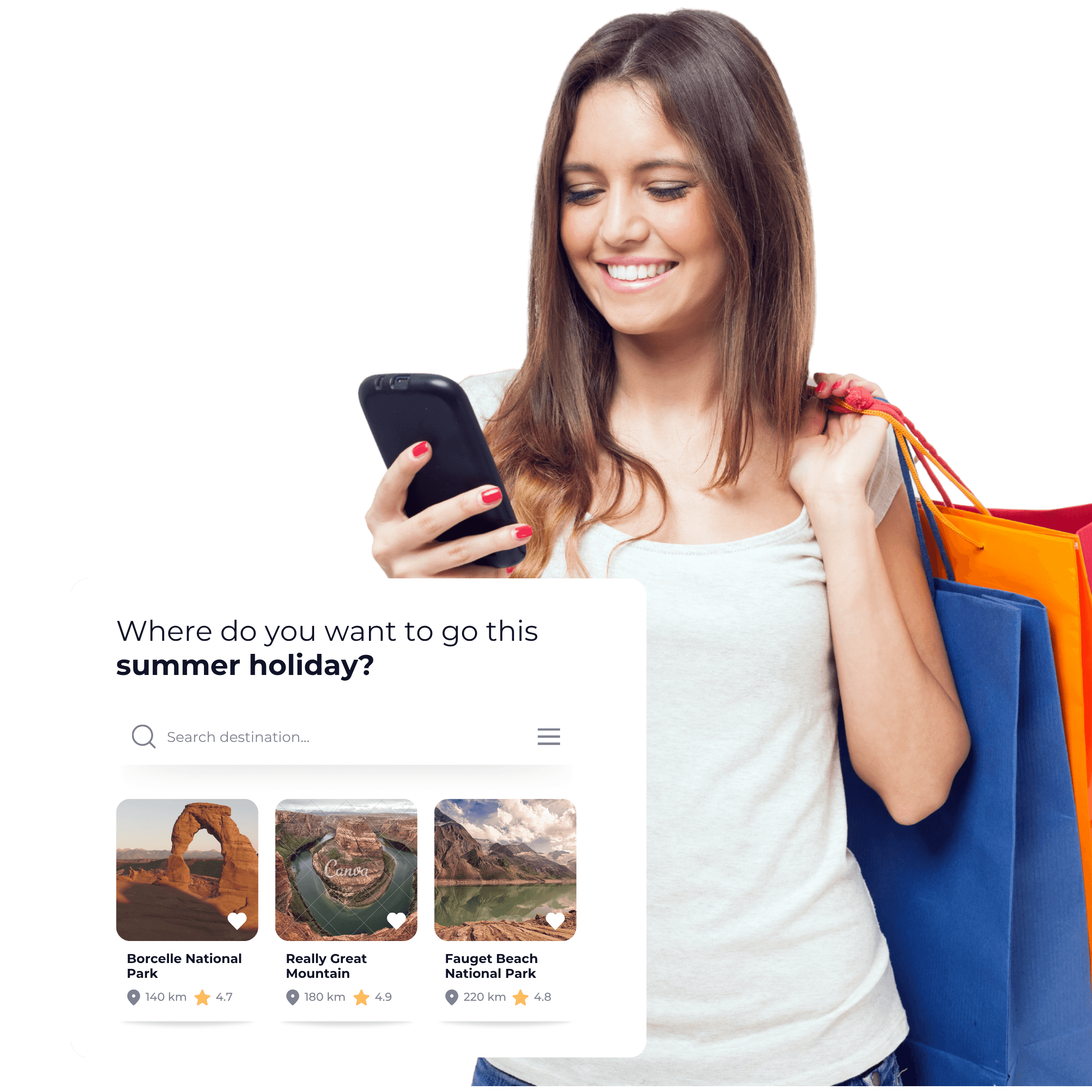 Smiling shopper with bags using a travel search app on her phone
