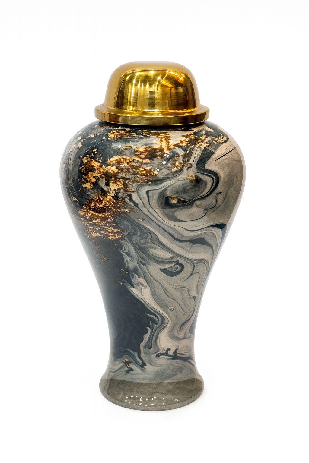 Marble effect handcrafted metal vase with decorative lid
