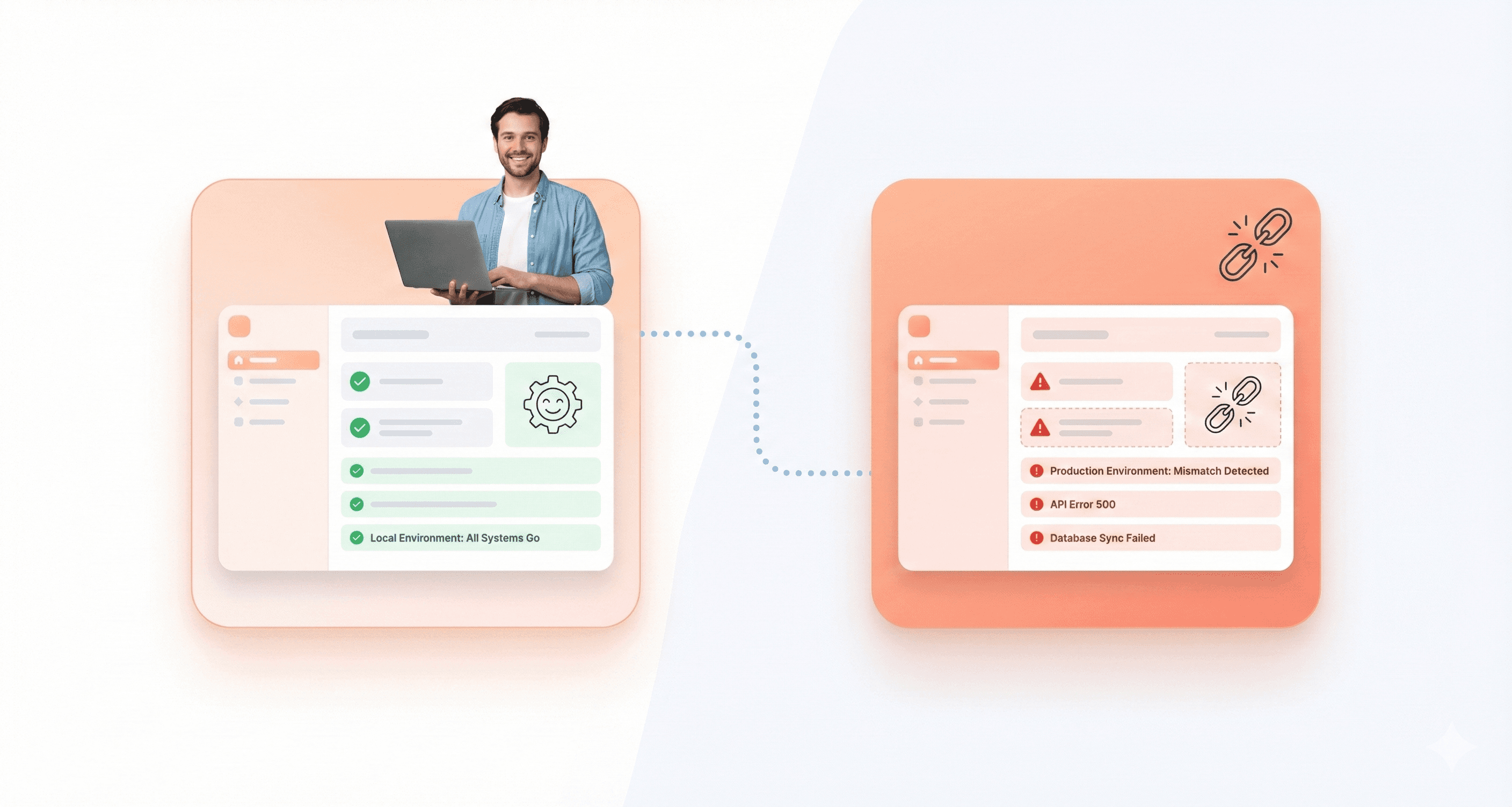 Developer viewing a working local frontend setup while a connected production environment shows broken UI and warnings.