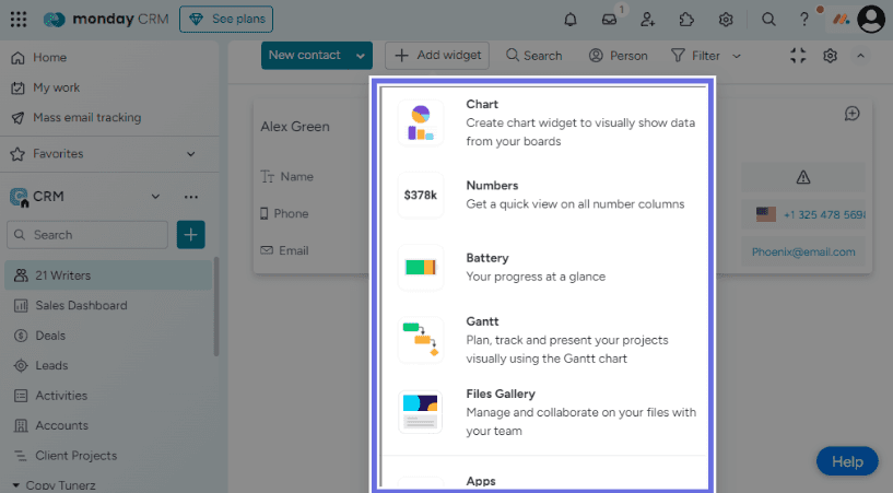 Monday sales CRM interface highlighting core widgets like Numbers, Battery, Charts, etc. you can use to redesign the expected UX.