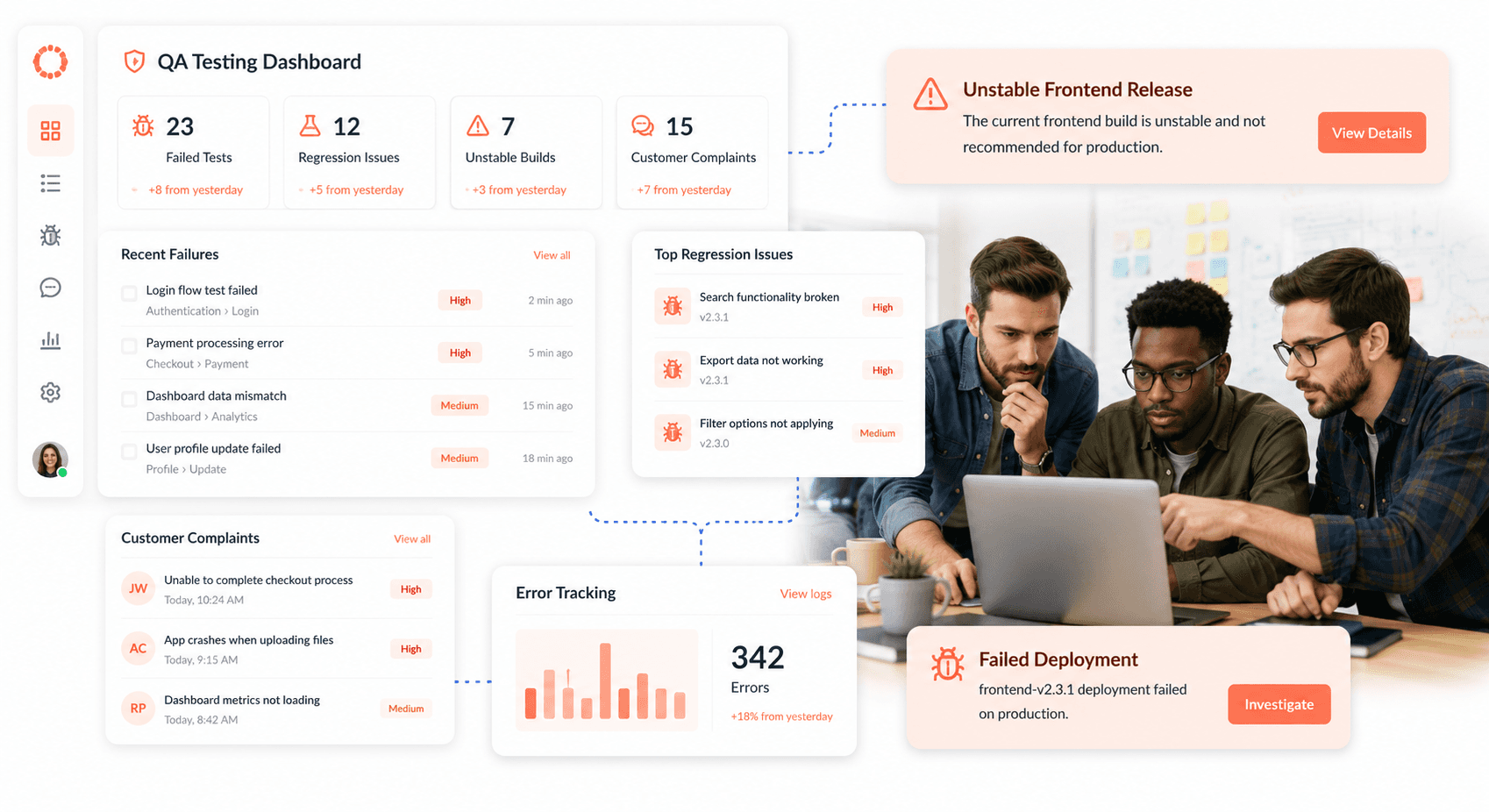 Failed QA testing dashboard displaying software bugs, deployment errors, regression issues, and customer complaint alerts