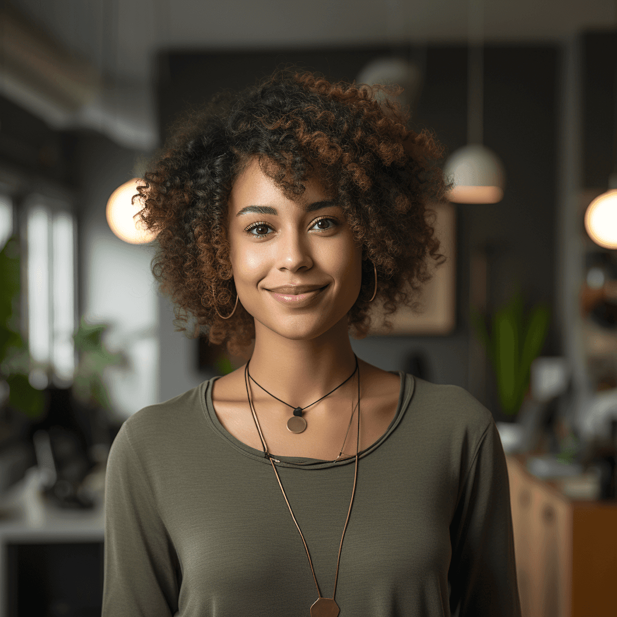 Smiling woman with curly hair in a cozy room, wearing an olive green top and layered necklaces. Warm lighting and modern decor.