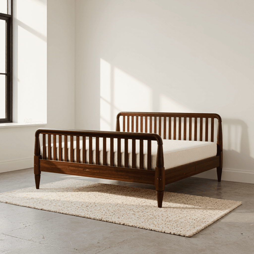 product photography of a wooden bed frame with a slatted design and a mattress