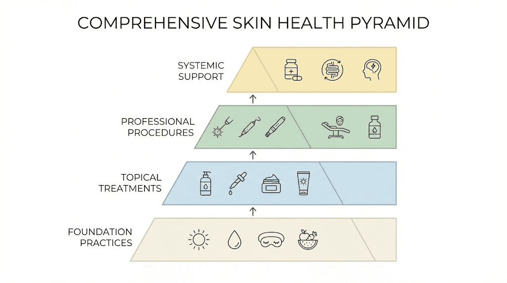 Comprehensive skin health approach showing sun protection, peptide skincare, professional treatments, and lifestyle factors