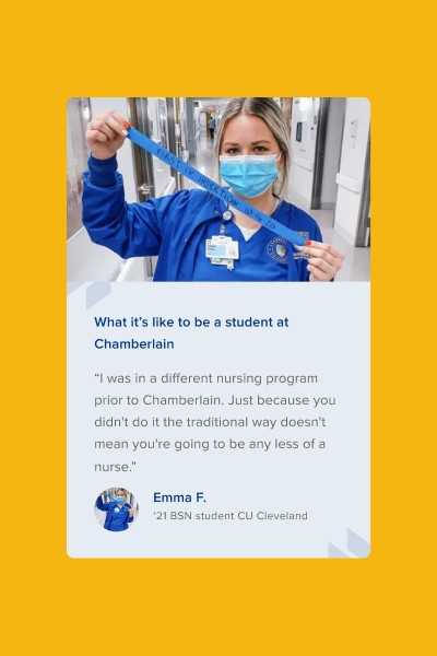 A nursing student in blue scrubs and a mask holds up a lanyard, smiling in a hospital corridor. Text highlights a non-traditional nursing journey.