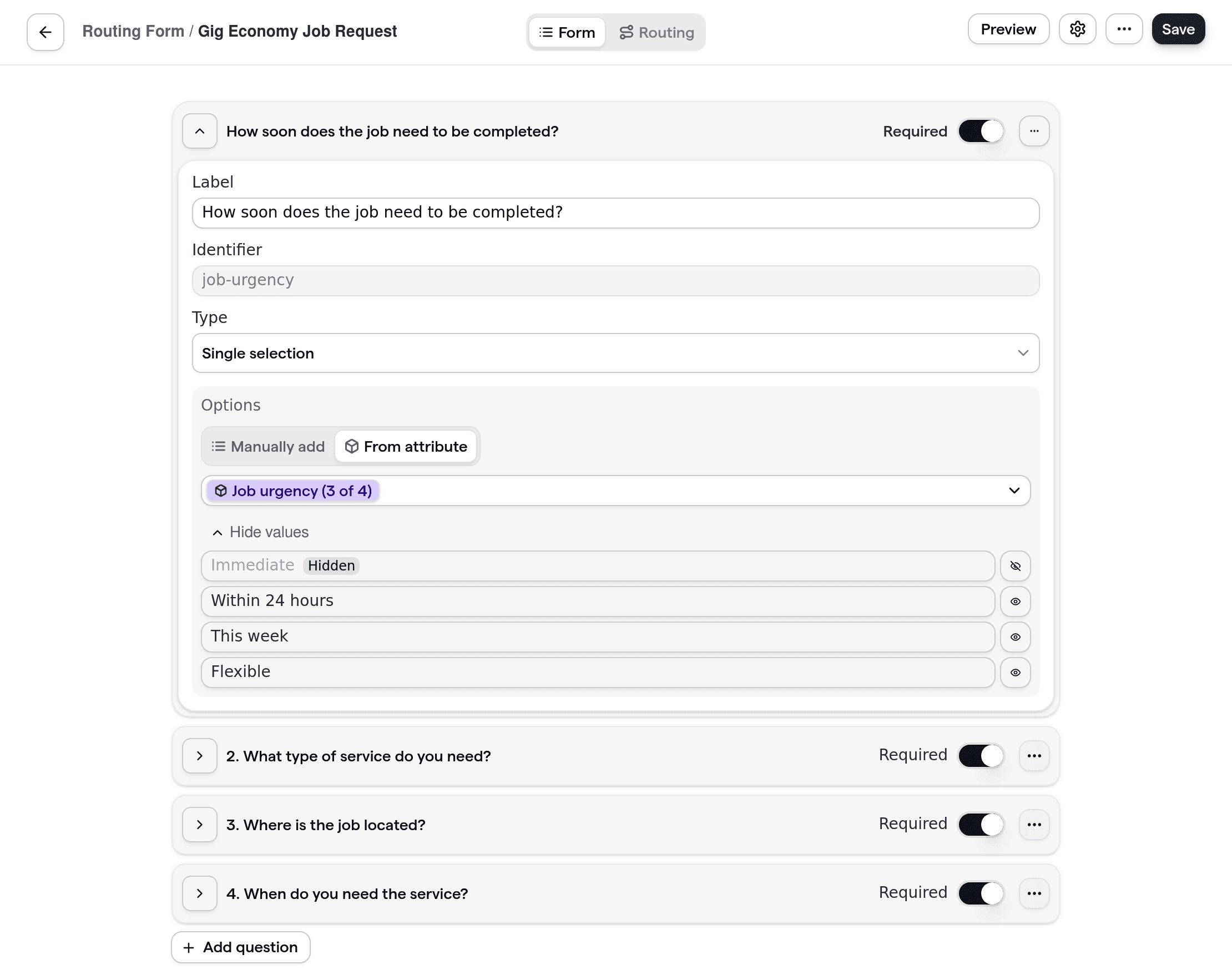 Cal.com routing form showcasing the creation of a customizable form for gig economy job requests. The form allows customers to specify service type, location, and timing, demonstrating flexible job-matching for on-demand platforms.