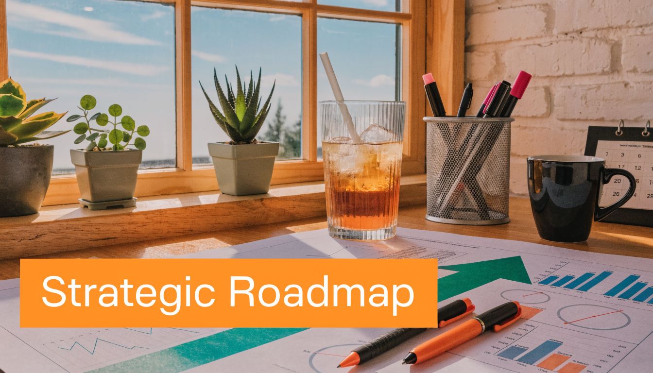 A brightly lit workspace with a strategic roadmap document, a drink, plants, and office supplies.