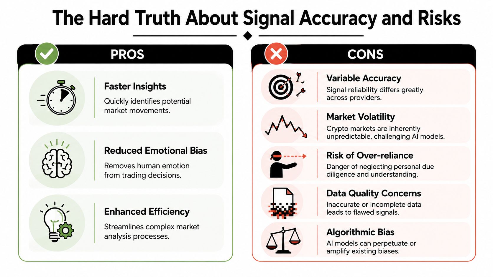 A comparative chart showing the pros and cons of using AI-driven crypto trading signals.