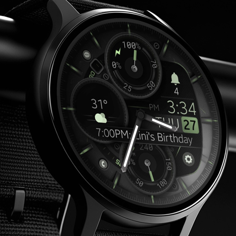 Modern Wear OS smartwatch displaying a hybrid watch face
