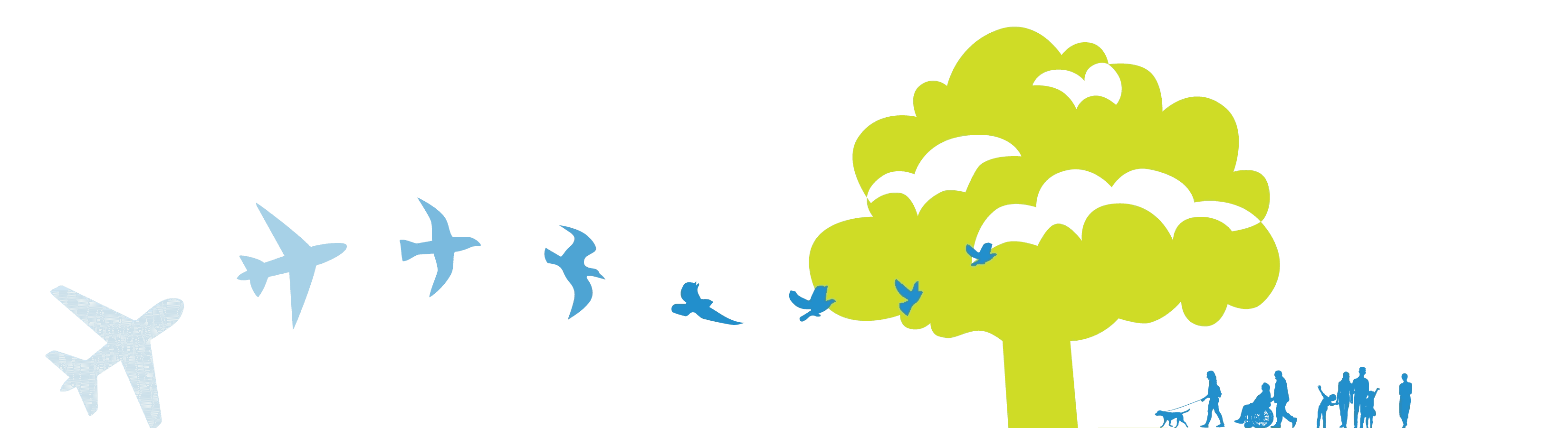 Graphic featuring a green ground plane and tree with a swooping motif of an airplane changing into a bird in light blue.
