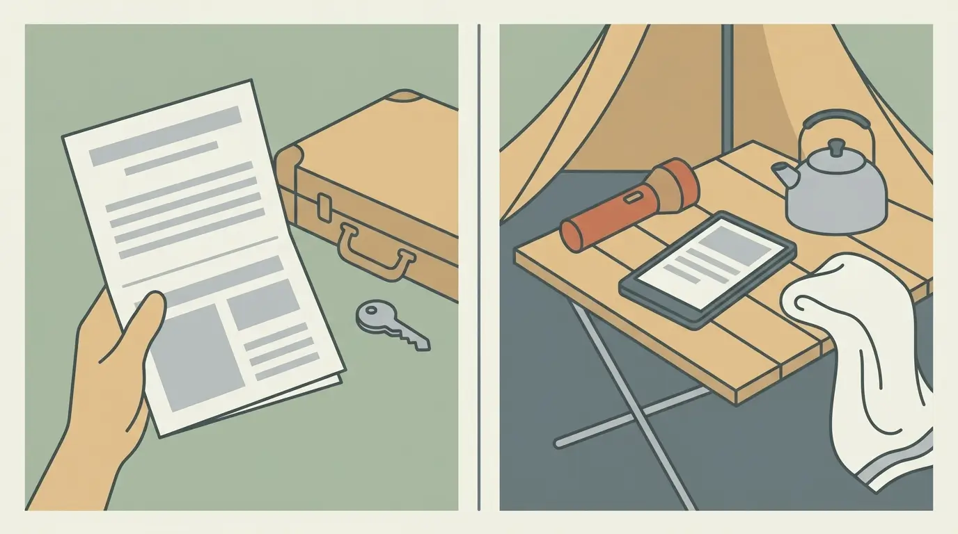 A two-panel illustration showing a folded printed sheet held while packing on the left, and a phone on a camp table surrounded by unpacked gear on the right.