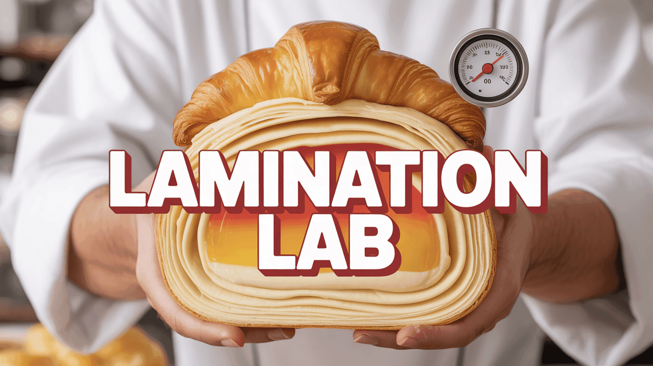 Croissant Lamination Lab Thumbnail Template featuring pastry chef folding croissant dough with visible layers, cross-section overlay and temperatur...