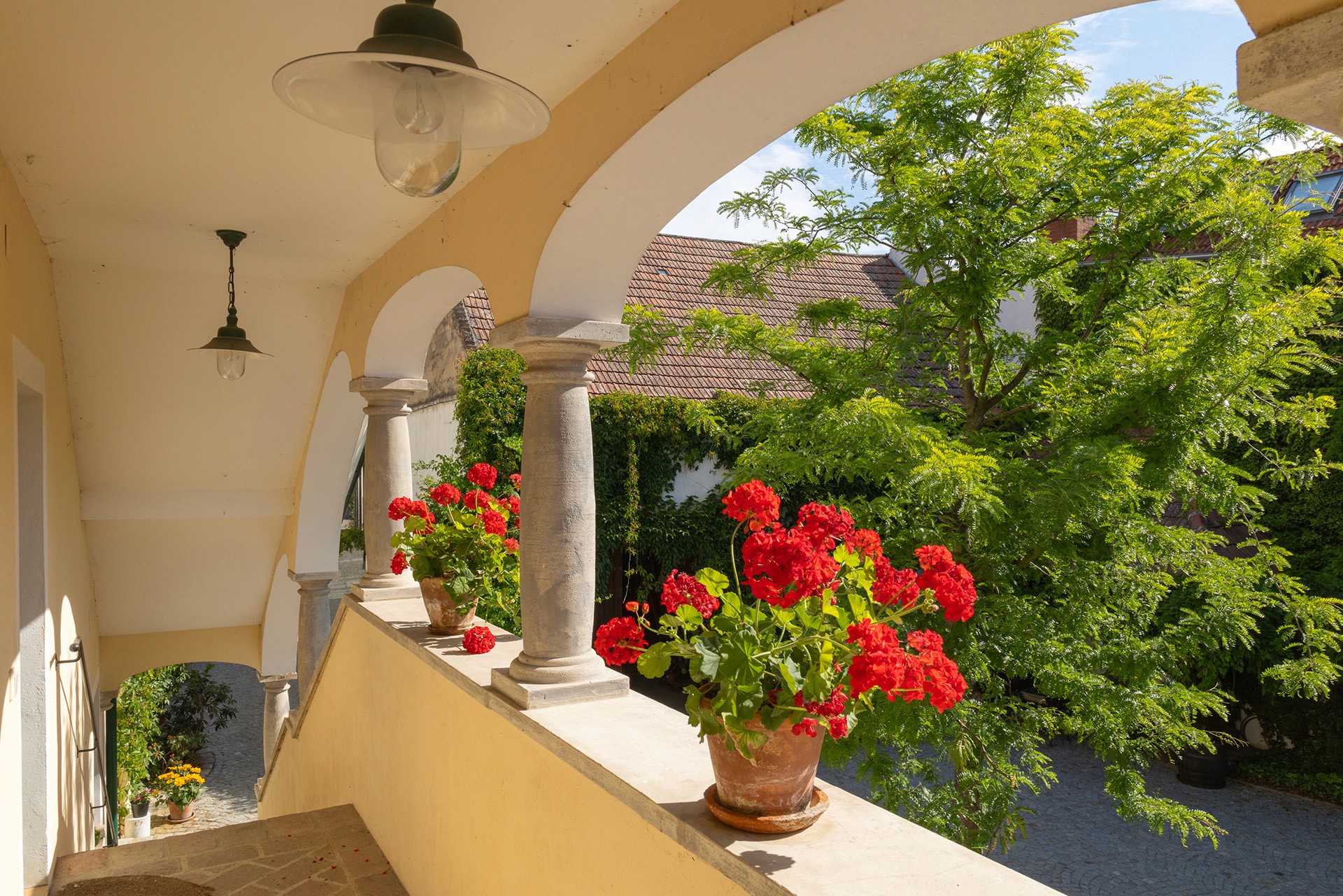 Arkadenbalkon mit roten Geranien und Blick auf den begrünten Innenhof des Weinguts.