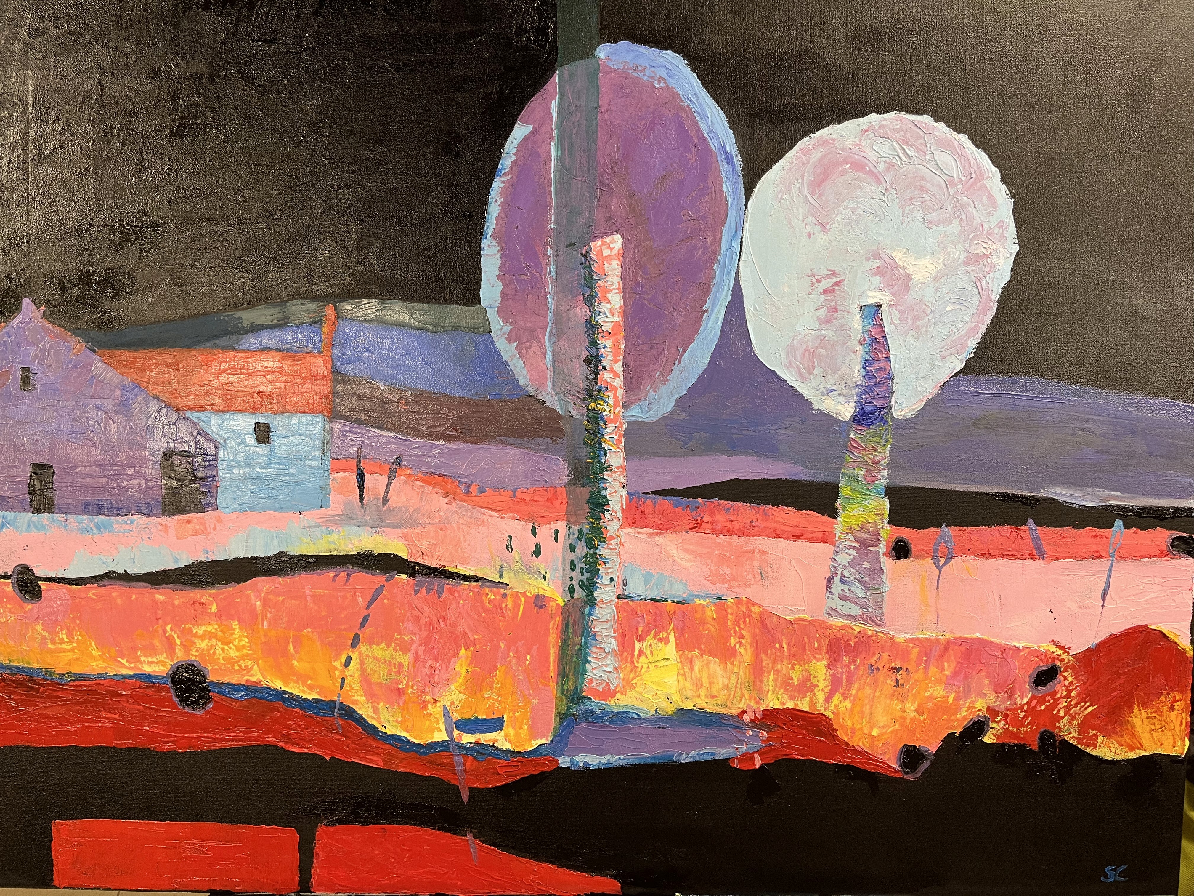 Yellow red green and black abstract painting