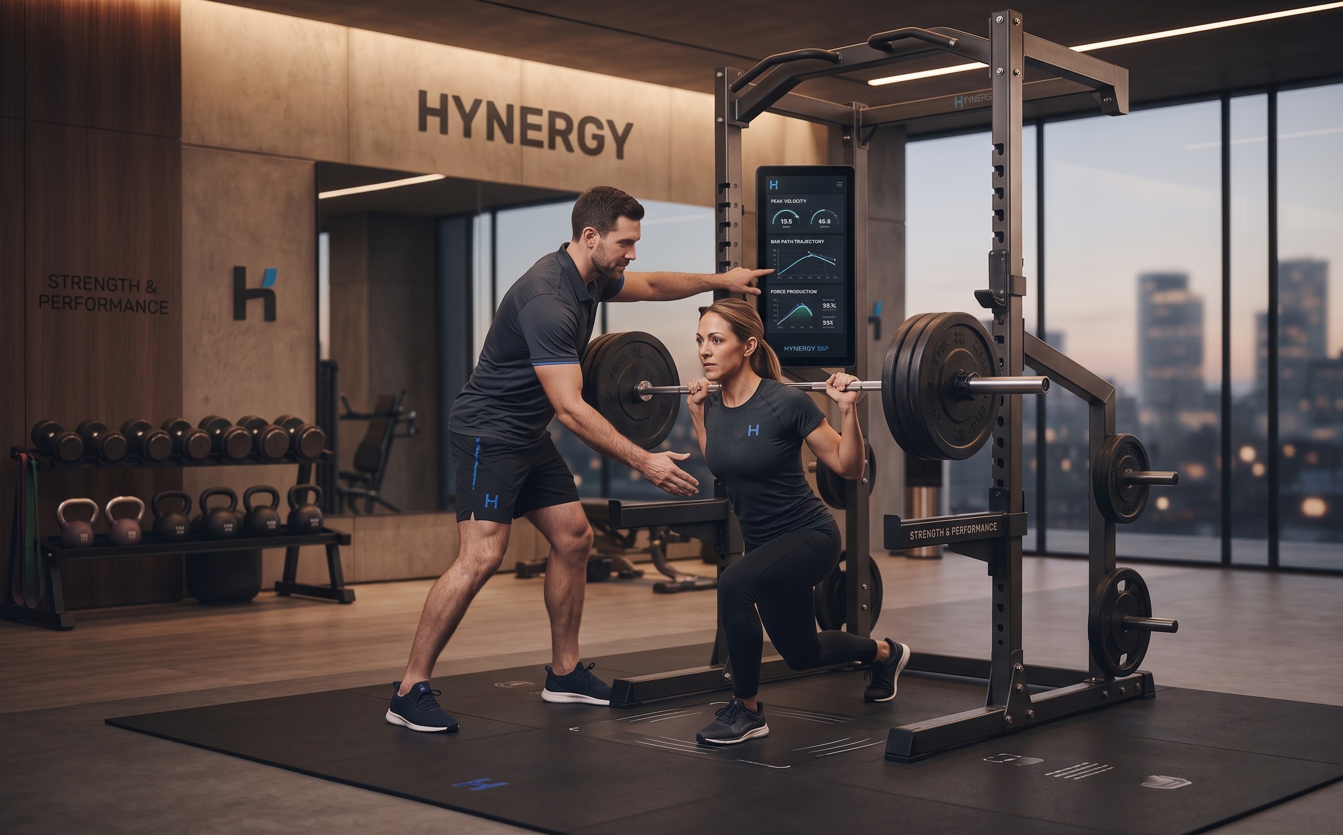Fitness trainer reviewing performance tracking data on a screen while coaching a woman performing a barbell lunge in a squat rack.