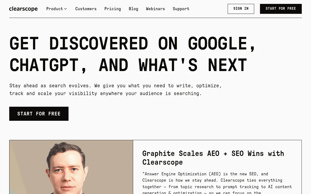 Clearscope official homepage screenshot, captured October 4, 2026