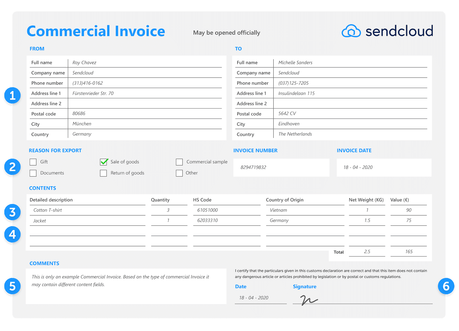 commercial invoice voorbeeld