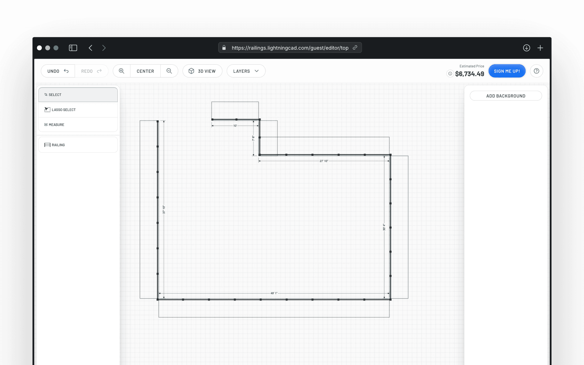 A digital canvas with grid lines, featuring a line architectural drawing of a railing.