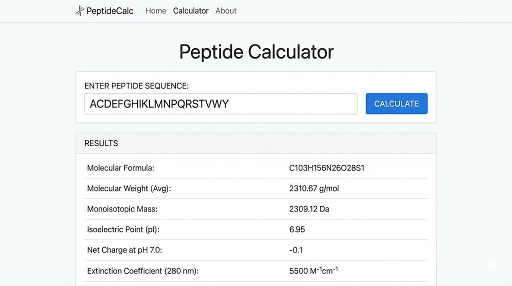 Peptide calculator interface showing sequence to molecular formula conversion