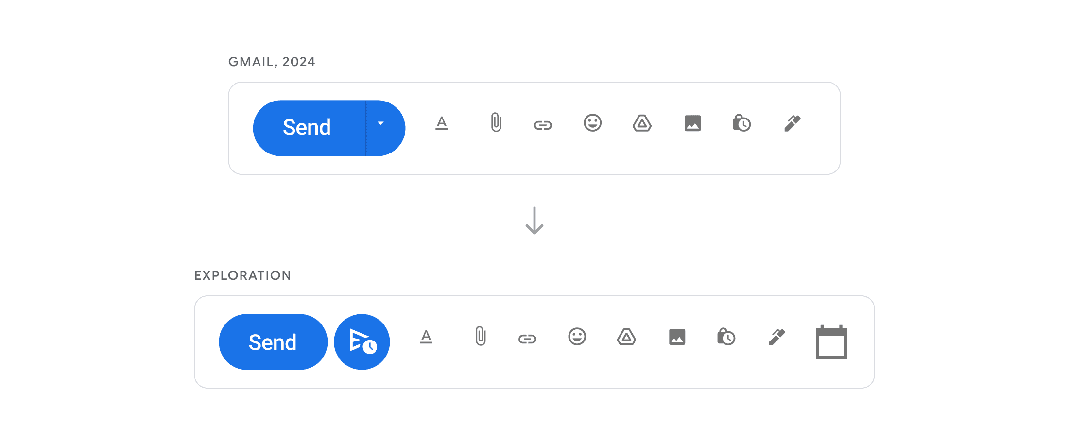 Gmail 2024 Send control compared with an exploration adding a schedule button beside Send.
