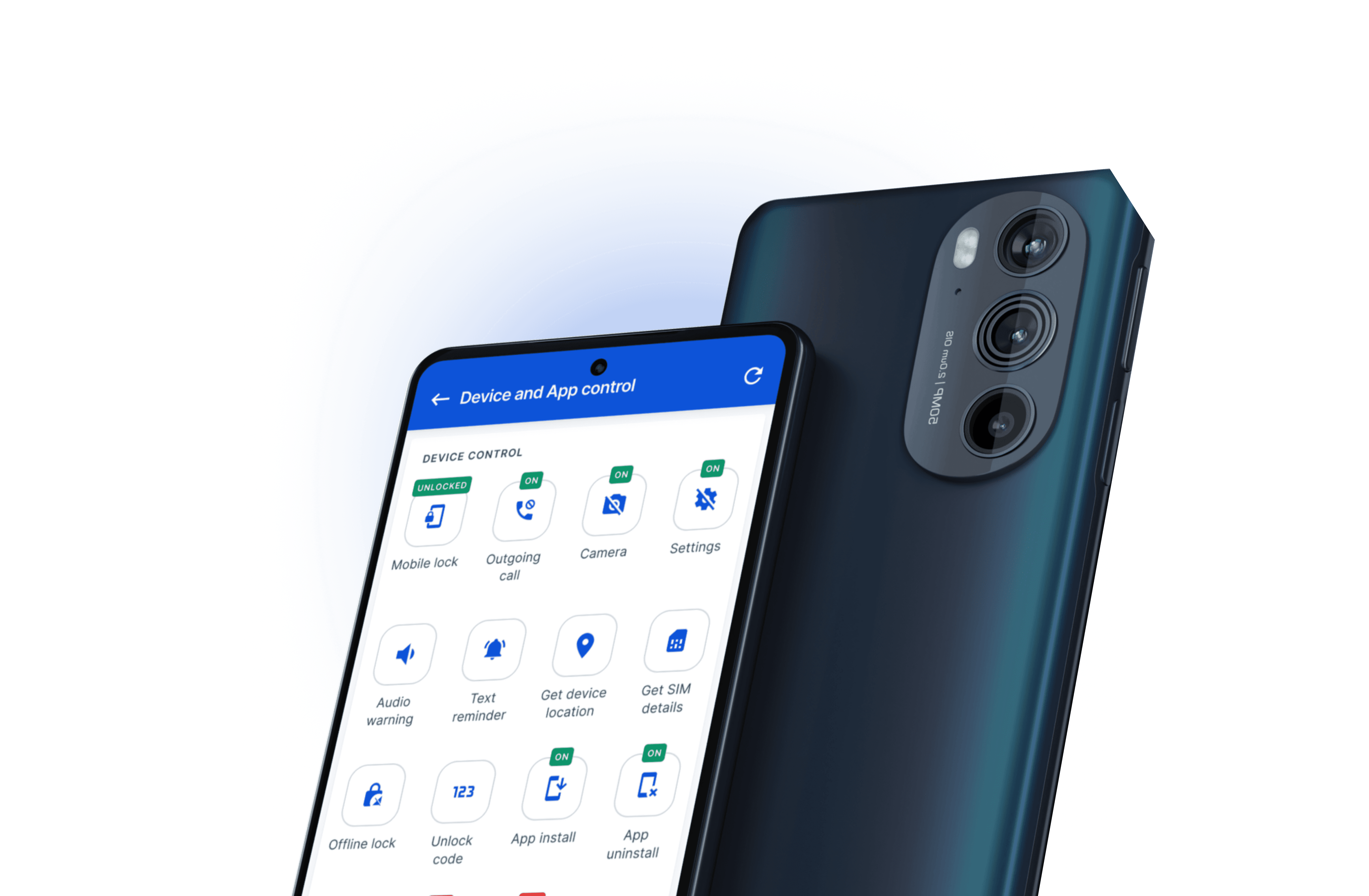 Android phone showing the RocketPay device and app control screen used for device locking