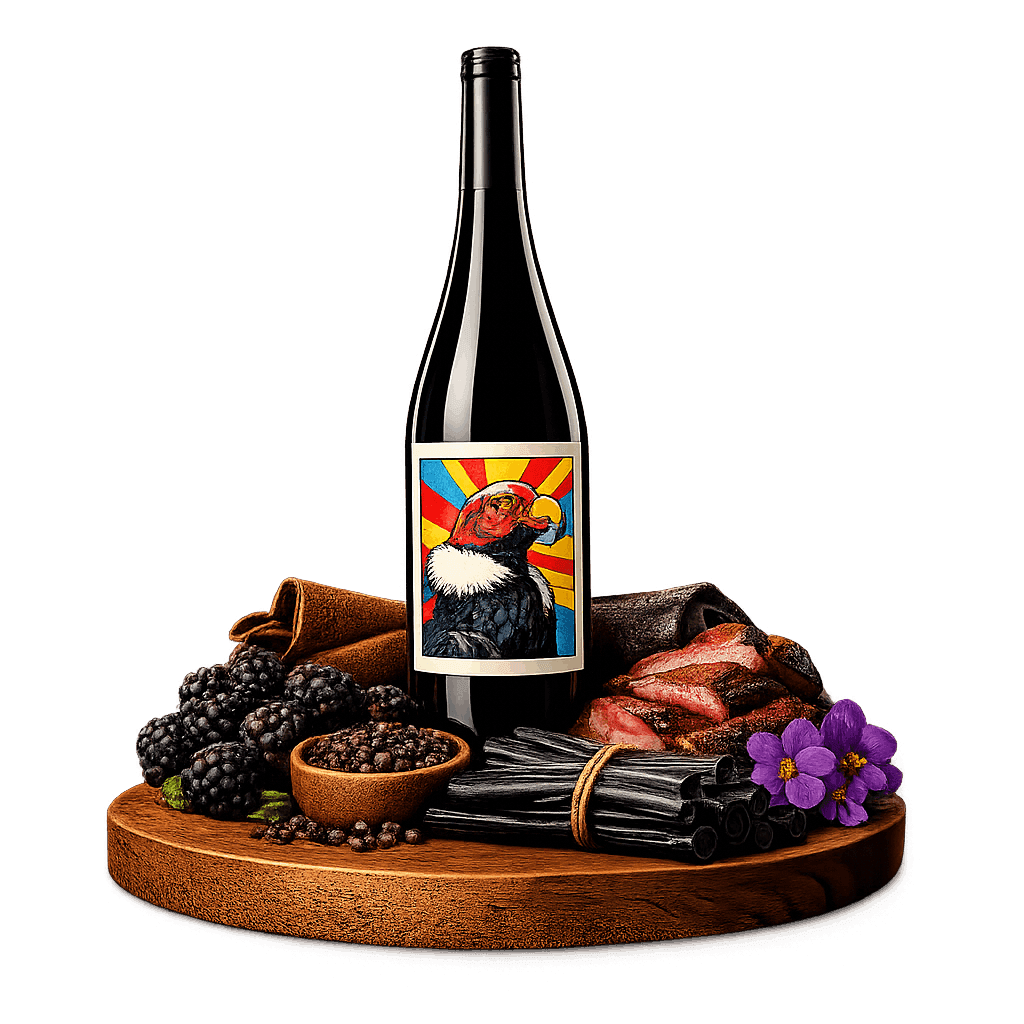 Artistic label and flavor profile for Argentinian Syrah on a rustic wooden table.