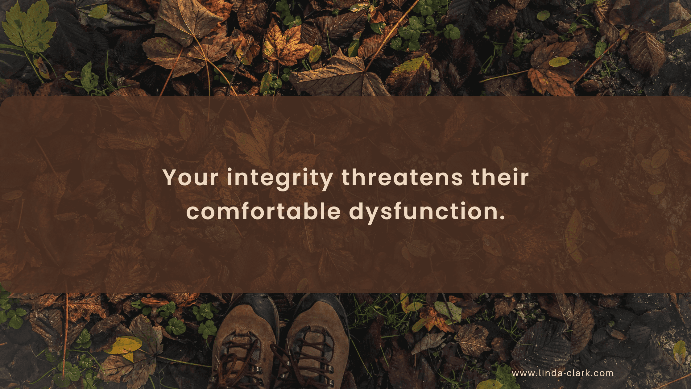 A photo of a forest floor covered in leaves and looking down at your boots in the leaves. The title of the blog post is on a brown background and says Leadership Drift: Six Warning Signs Before Collapse | Linda Clark