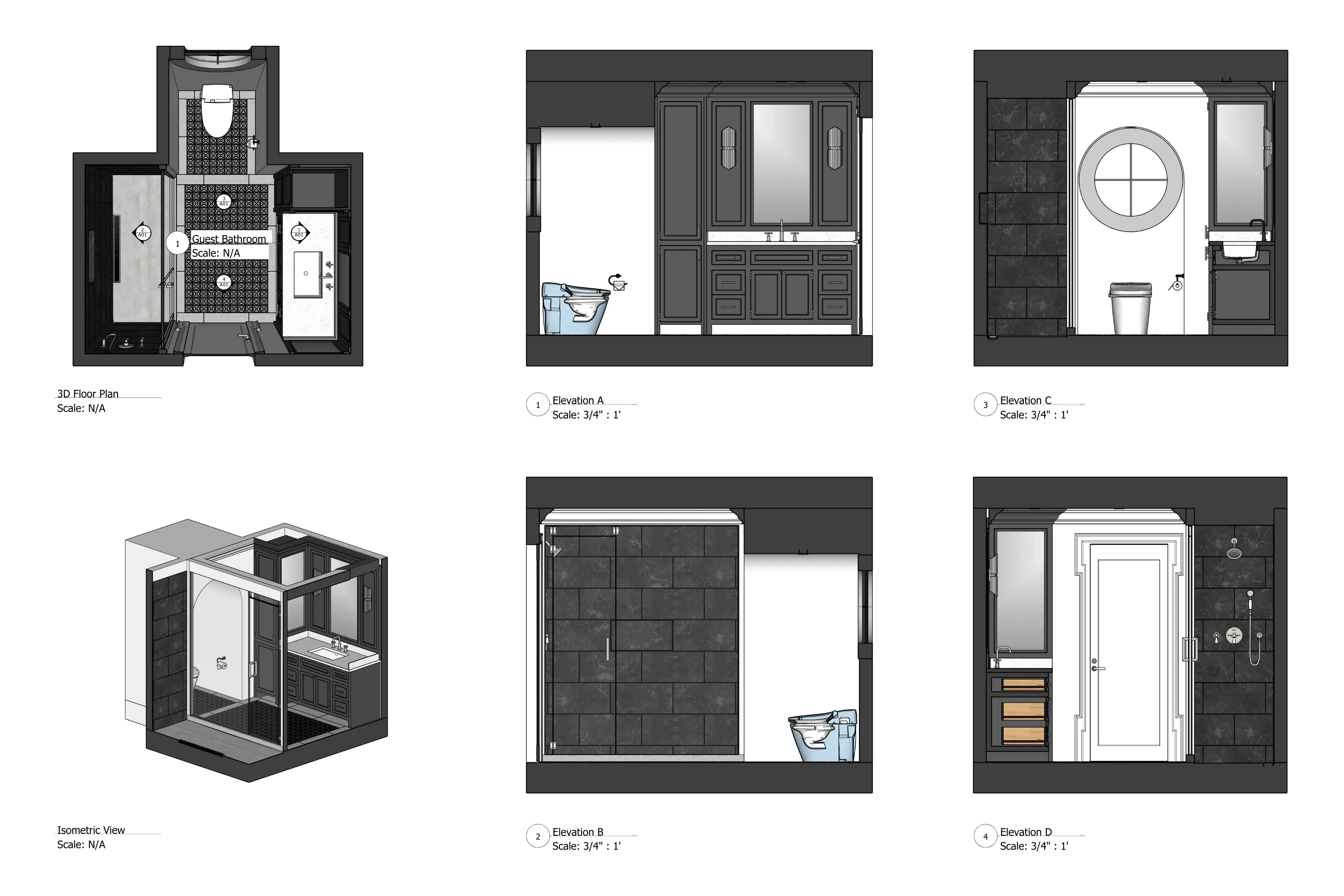 Bathroom rendered floor plan and elevations
