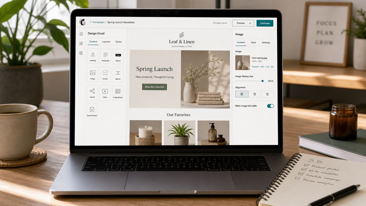Laptop screen showing a Mailchimp email design interface for a brand called Leaf and Linen.
