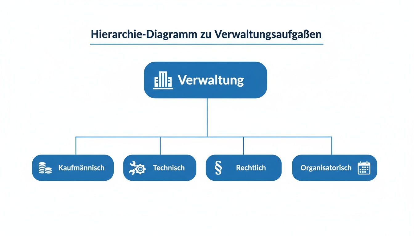 Hierarchie-Diagramm zur Verwaltung mit den Bereichen Kaufmännisch, Technisch, Rechtlich und Organisatorisch.