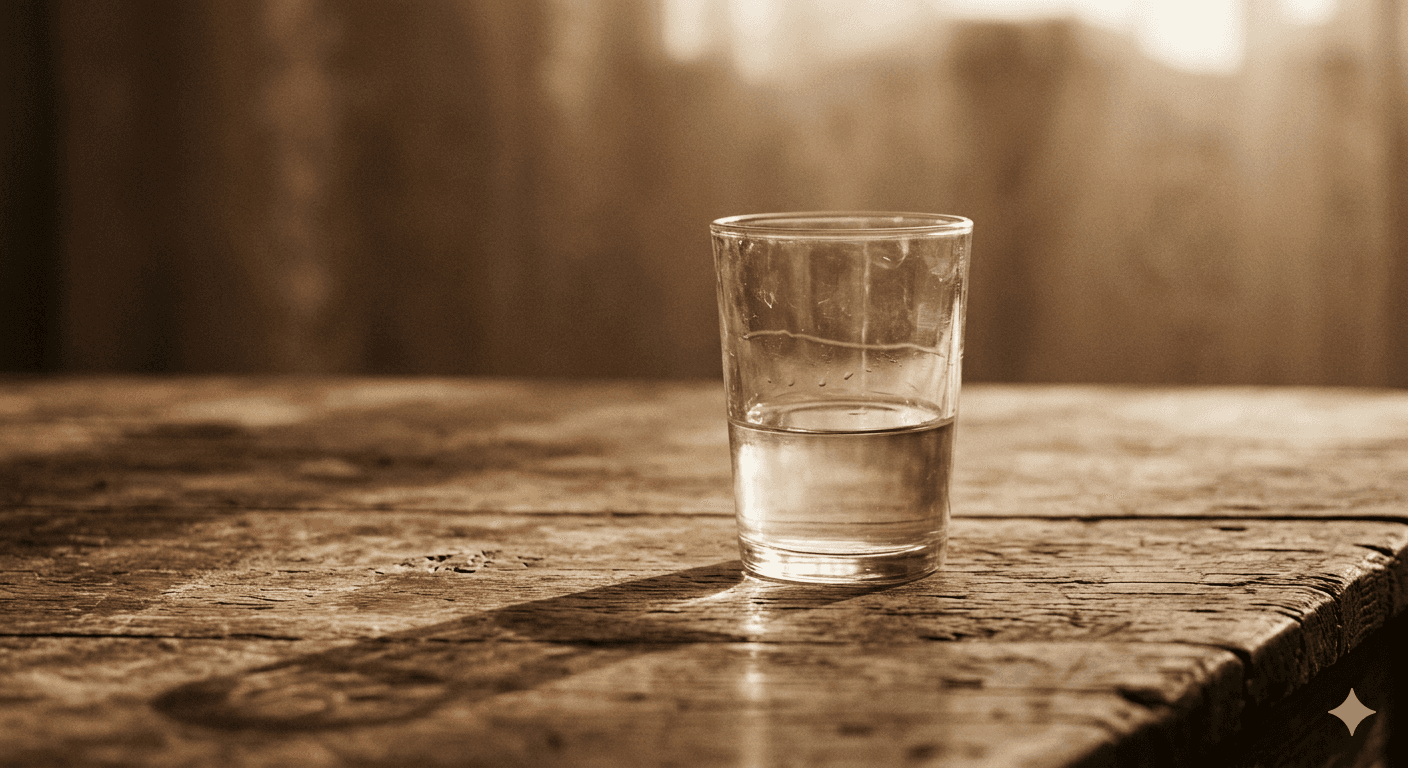 Half-empty glass of water in morning light representing the temporary nature of GLP-1 medication effects without lasting habit change