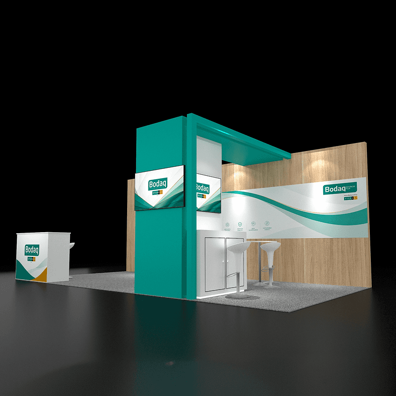 10x20 trade show booth with material sample display panels