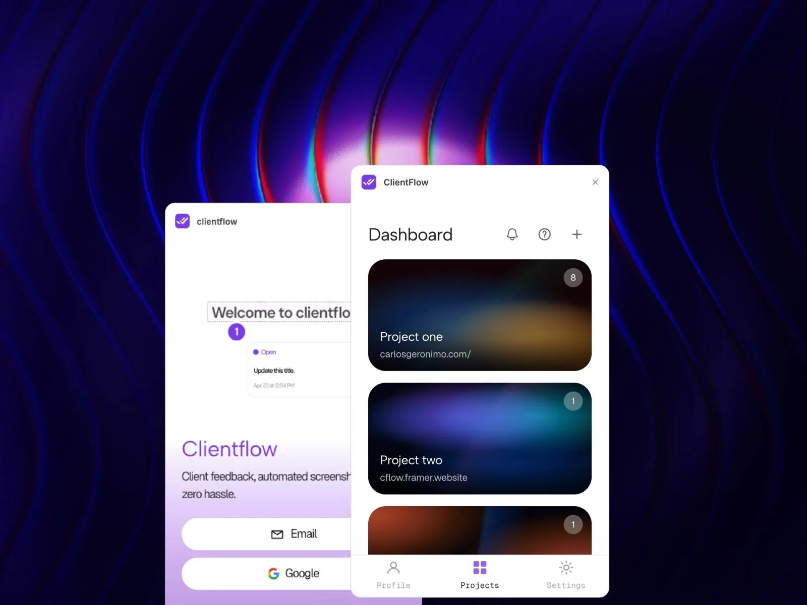 Dashboard with project listings on a wavy, dark background.